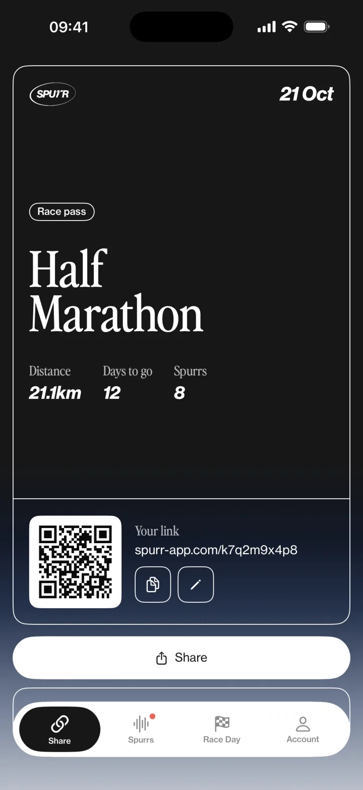 The Spurr app’s Share tab: a half marathon race card with its share link and QR code.