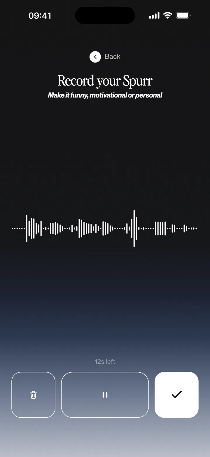 The Spurr recorder in a phone browser, mid-recording, with the live voice wave.