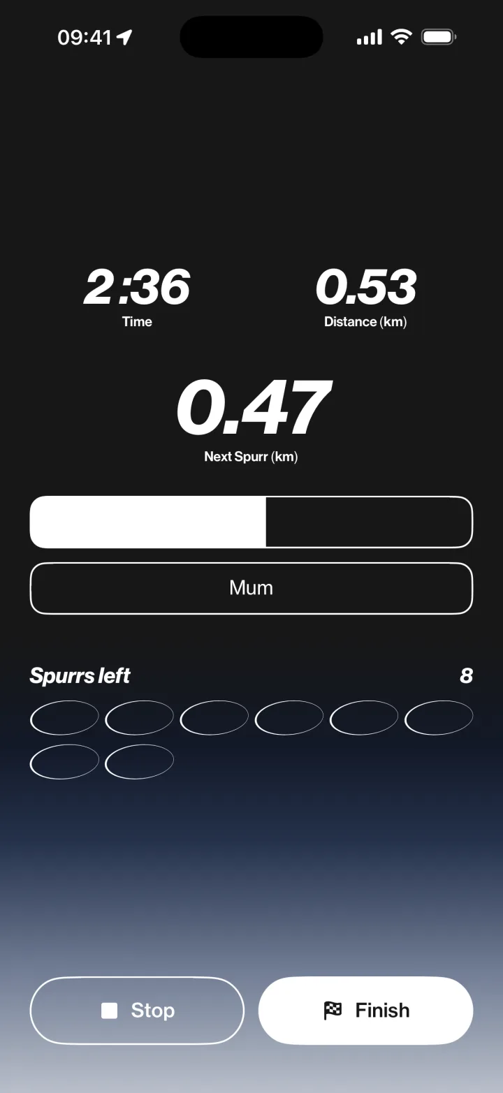 The Spurr app mid-run: time, distance and the next Spurr.