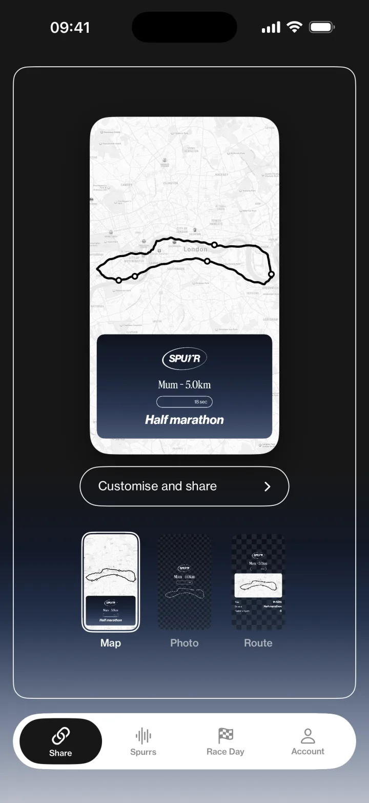 Sharing a run: a map card with the route and the Spurrs.